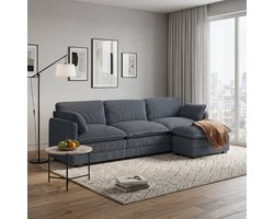 Bealife AR88 3-zits bank - Modulaire bank – L-vorm, ribcord – Inclusief 3 kussens, 2 armleuningen en 1 verstelbaar voetenbankje – 244 cm breed – Donkergrijs