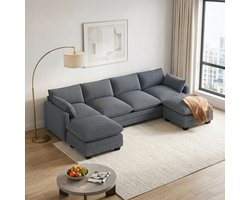 Bealife AR89 4-zits bank - Modulaire bank – U-vorm, ribcord – Inclusief 4 kussens, 2 armleuningen en 2 verstelbaar voetenbankje – 320 cm breed – Donkergrijs