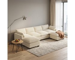 Bealife AR89 4-zits bank - Modulaire bank – U-vorm, ribcord – Inclusief 4 kussens, 2 armleuningen en 2 verstelbaar voetenbankje – 320 cm breed – Beige