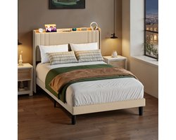 Bealife BF28 Bedframe - 200 x 120 cm - LED-verlichting - Opbergbaar hoofdeinde en lattenbodem - Beige