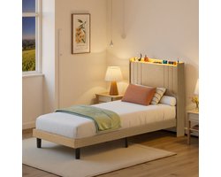 Bealife BF28 Bedframe - 200 x 90 cm - LED-verlichting - Opbergbaar hoofdeinde en lattenbodem - Beige