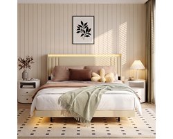 Bealife BF29 Tweepersoonsbed - 160 x 200 cm - Gestoffeerd bed - Zwevend Design - met LED-verlichting - USB & Type-C - Beige