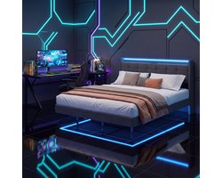 Bealife BF30 Bed - 160 x 200 cm - Gestoffeerd bed - Tweepersoonsbed - Zwevend Design - met LED-verlichting - Stopcontacten, USB & Type-C - Hoofdbord met Opbergruimte - Donkergrijs