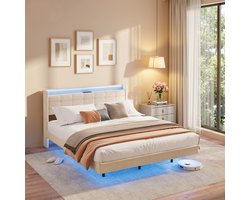 Bealife BF30 Bed - 160 x 200 cm - Gestoffeerd bed - Tweepersoonsbed - Zwevend Design - met LED-verlichting - Stopcontacten, USB & Type-C - Hoofdbord met Opbergruimte - Beige