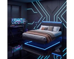 Bealife BF30 Tweepersoonsbed - 140 x 200 cm - Gestoffeerd bed - Jongerenbed - Zwevend Design - met LED-verlichting - Stopcontacten, USB & Type-C - Hoofdbord met Opbergruimte - Donkergrijs