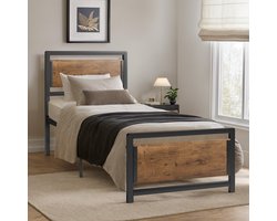 Bealife BF34 Eenpersoonsbedden, Metalen Eenpersoonsbed met Houten Hoofdbord, 210 x 90 x107cm, IJzeren Latten, Grote Opbergruimte Onder Bed, Geen Lawaai, Geen Boxspring Nodig, Eenvoudige Montage, Retro