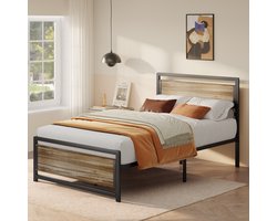Bealife BF35 Twijfelaarbedden, Metalen Twijfelaarbedden, met Houten Hoofdbord, 210 x 120 x160cm, IJzeren Latten, Grote Opbergruimte Onder Bed, Geen Lawaai, Geen Boxspring Nodig, Eenvoudige Montage, Grijs
