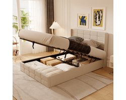Bealife BF84 Tweepersoonsbed - 200x140 cm - Hydraulisch opbergbed met lattenbodem - Bedframe voor volwassenen en tieners - Zonder matras - Beige