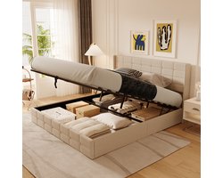 Bealife BF84 Tweepersoonsbed - 200x180 cm - Hydraulisch opbergbed met lattenbodem - Bedframe voor volwassenen en tieners - Zonder matras - Beige