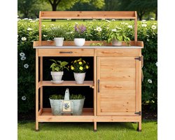 Bealife CC51 Tuinkast - Plantentafel met Waterdicht Werkblad - 3 haken, 1 lade & 1 deur – Waterbestendig en vochtwerend – Binnen en buiten – Voor tuin, terras of balkon – Naturel