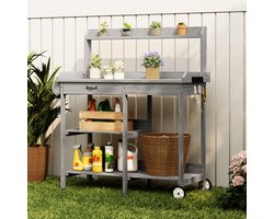 Bealife CC53 Tuinkast - Plantentafel met Waterdicht Werkblad – - 3 haken, 2 wielen, 1 lade en 1 handdoekrek – Waterbestendig en vochtwerend – Binnen en buiten – Voor tuin, terras of balkon – Grijs