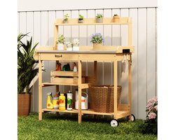 Bealife CC53 Tuinkast - Plantentafel met Waterdicht Werkblad - 3 haken, 2 wielen, 1 lade en 1 handdoekrek – Waterbestendig en vochtwerend – Binnen en buiten – Voor tuin, terras of balkon – Naturel