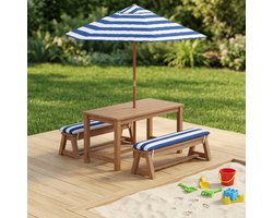 Bealife EB02 Kindertafel met bankjes – Picknicktafel voor kindere - Met zitkussens en parasol met stok – Vanaf 3 jaar – Blauw