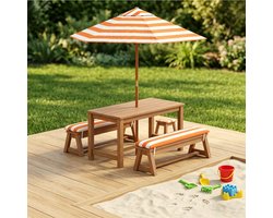 Bealife EB02 Kindertafel met bankjes – Picknicktafel voor kindere - Met zitkussens en parasol met stok – Vanaf 3 jaar – Oranje