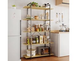 Bealife FS15 Boekenkasten , boekenplank 5 niveaus,Staande plank met stalen frame,Keukenplank,Boekenplank voor woonkamer, slaapkamer, studeerkamer, houten plank industrieel ontwerp,Pastel geel,100 x 34 X 176,5 cm