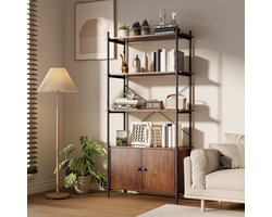 Bealife FS16 boekenkast 4 niveaus, plank, staande plank metalen frame met deuren, boekenkast voor woonkamer, slaapkamer, studeerkamer, houten plank industrieel ontwerp, vintage bruin, 80 x 34 x 159,5 cm