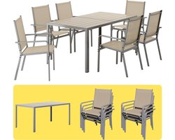 Bealife TB104 Tuinset - Loungeset - Tuin tafel en 6 stoelen - Balkonset met Textilene + Metalen frame - Weerbestendig - Zandkleur