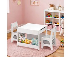 Bealife TB91 Kindertafeltje en Stoeltjes - 3-in-1 Kinder Tafel & Stoelenset - Speeltafel met Opbergruimte en Schoolbord/Whiteboard - Kinder Tekentafel - Set 3 t/m 7 Jaar - Wit