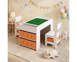 Bealife TB93 Kindertafeltje en Stoeltjes - 3-in-1 Kindertafel met Stoelen – Speeltafel met Opbergruimte & Dubbelzijdig Blad (Blokkenbord/Whiteboard) - Set 3 t/m 7 Jaar - Wit & Oranje