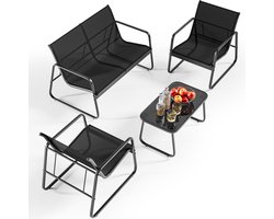 Bealife WR250 Diningset , tuinmeubelset, 4-delig, gemaakt van metaal en textilene, met 3 fauteuils en 1 glazen tafel, terrasmeubilair voor alle seizoenen, terras, tuin en buitenruimte (zwart)