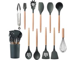 Bealive® Keukengerei - Keuken accessoires - Siliconen - Set van 11 - Zwart - Spatels, soeplepel, garden, keukentang, bakkwast en beker