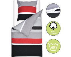 Beautissu Delia – 2-delig Gestreept Dekbedovertrek 155x220 cm met Kussensloop 80x80 cm – Katoenen Beddengoed van 100% Katoen met Ritssluiting