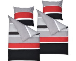 Beautissu Delia 4-delig Dekbedovertrek 155x220 cm Katoen Beddengoed met 2X Dekbedovertrekken & 2X Kussensloop 80x80 cm Gestreept Beddengoed Tweepersoons Grijs Rood