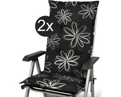 Beautissu Flores – Set van 2 Tuinkussens Hoge Rug 120x50x6 cm Zitkussen Tuinstoel UV-lichtecht Tuinstoelkussens Zwart Kussen met Print