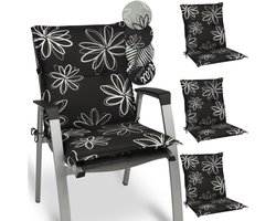 Beautissu Flores – Set van 4 Tuinkussens Hoge Rug 100x50x6 cm Zitkussen Tuinstoel UV-lichtecht Tuinstoelkussens Zwart Kussen met Print