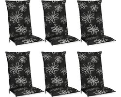 Beautissu Flores – Set van 6 Tuinkussens Hoge Rug 120x50x6 cm Zitkussen Tuinstoel UV-lichtecht Tuinstoelkussens Zwart Kussen met Print