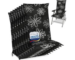Beautissu Flores – Set van 8 Tuinkussens Hoge Rug 120x50x6 cm Zitkussen Tuinstoel UV-lichtecht Tuinstoelkussens Zwart Kussen met Print