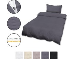 Beautissu Meline – Seersucker Dekbedovertrek Set 155x220 cm &  Kussensloop 80x80 cm met Rits – Zomer Beddengoed Antraciet Ademend & Huidvriendelijk