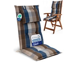 Beautissu Tuinkussen Hoge Rug Zitkussen 120x50cm HighLux HL – Set van 4 Stoelkussens voor Tuinstoelen 7cm dik Bruin-Blauw Geruit – Made in EU