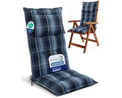 Beautissu Tuinkussen Hoge Rug Zitkussen 120x50cm HighLux HL – Set van 6 Stoelkussens voor Tuinstoelen 7cm dik Blauw-Wit Geruit – Made in EU
