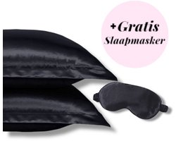 Beauty Silk - Kussenslopen - 60x70 - 2 stuks + Gratis Slaapmasker- Glans Satijn - Zwart