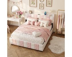 Bed 140x190 met 4 Lades & Oplaadstation - ADFBL - Wit/Roze Gestoffeerd Bed - Slimme RGB Verlichting (App) - met LED,USB & Type-C Poorten - Velvet Blokkenpatroon - Tienerbed