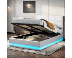 Bed 140x190 met Opbergruimte en LED – Wit PU Tweepersoonsbed met Gaslift Opbergbed – Modern Bedframe 140x190