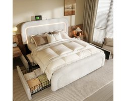 Bed 140x200 cm met opbergruimte, 4 lades en USB Type-C-oplader, volwassen bed met lattenbodem, in hoogte verstelbaar hoofdbord, Sherpa-stof, wit(Matras niet inbegrepen)