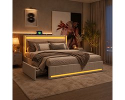 Bed 140x200 cm met opbergruimte, tweepersoonsbed met 4 lades, opbergbed met ledverlichting en USB-poorten, bedframe met lattenbodem, linnen, Beige