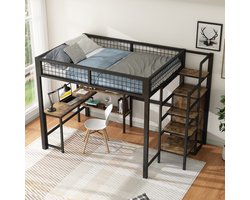 Bed - 140x200 cm - opbergladder - meerdere planken - zonder matras - inbouwkast - bureau - zwart