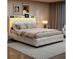 Bed 140x200 cm, tweepersoonsbed Hydraulisch opbergbed met lattenbodem, hoofdbord met LED en USB, bedframe voor volwassenen en tieners, zonder matras, PU glanzend wit