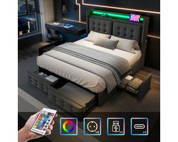 Bed 140x200 cm, tweepersoonsbed met led-hoofdbord en USB-C-oplaadfunctie en 4 lades, opbergbedden met grijs linnen +(Matras niet inbegrepen)