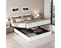 Bed 140x200 met Opbergruimte en Oplaadpunten – Teddy Stof Tweepersoonsbed Crème met Gaslift Opbergbed – Modern Bedframe 140x200