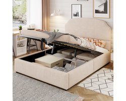 Bed - 140x200 - voorzien van hydraulische opbergruimte - tweepersoonsbed - zacht gestreept fluweel - breed hoofdeinde - beige