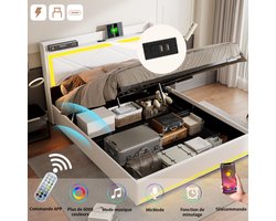 Bed 140x200cm met USB, jeugdbed tweepersoonsbed met lattenbodem en opbergruimte, opbergbed met LED, functioneel bed jeugdbed, boxspringbed, PU, ​​wit