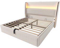 Bed 140x200cm Zonder Matras Eenpersoonsbed Beige Linnen Met Opbergruimte Met Ledverlichting En Usb Poorten Voor Slaapkamer Gebruik