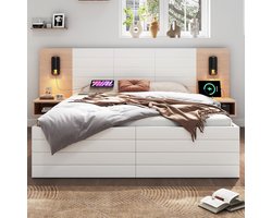 Bed 160 x 200 cm with Storage Space, Wooden Bed Storage Bed with 2 Drawers, Multifunctional Headboard with Bedside Table, Modern Double Bed Frame with Slatted Frame, Oak/White