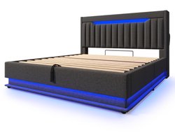 Bed 160 X 200 Cm Zonder Matras Tweepersoonsbed Grijs Linnen Met Opbergruimte In Het Hoofdeinde Usb En Typ C Poorten Led Verlichting Bij Hoofd En Voeteneinde Hydraulische Opbergruimte Voor Slaapkamer