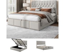 Bed 160x200 cm Gestoffeerd bed in katoen en linnen, met hydraulische hendel, opbergruimte voor de boxsprings, klinknageldecoratie, zonder matras, lichtgrijs (matras niet inbegrepen)