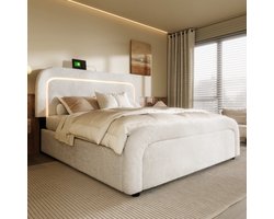 Bed 160x200 cm met 4 lades en USB Type C-oplader - VolwassenenBed opbergbed met lattenbodem, in hoogte verstelbaar hoofdbord, houten lattenbodem, Sherpa wit - Geen matras